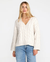 Cable V Neck Sweater - Star White
