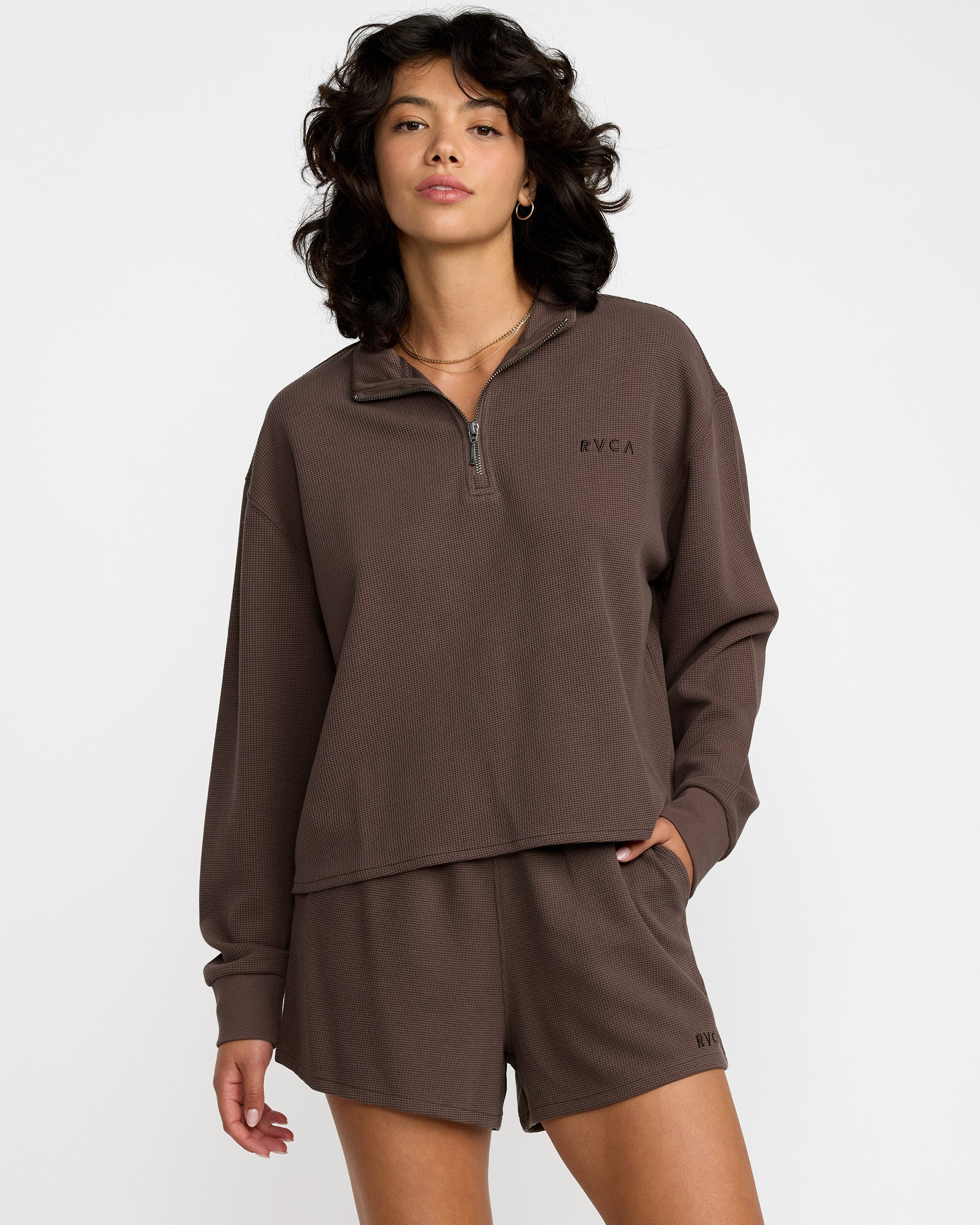 Glory Waffle Pullover Quarter Zip - Bear Brown