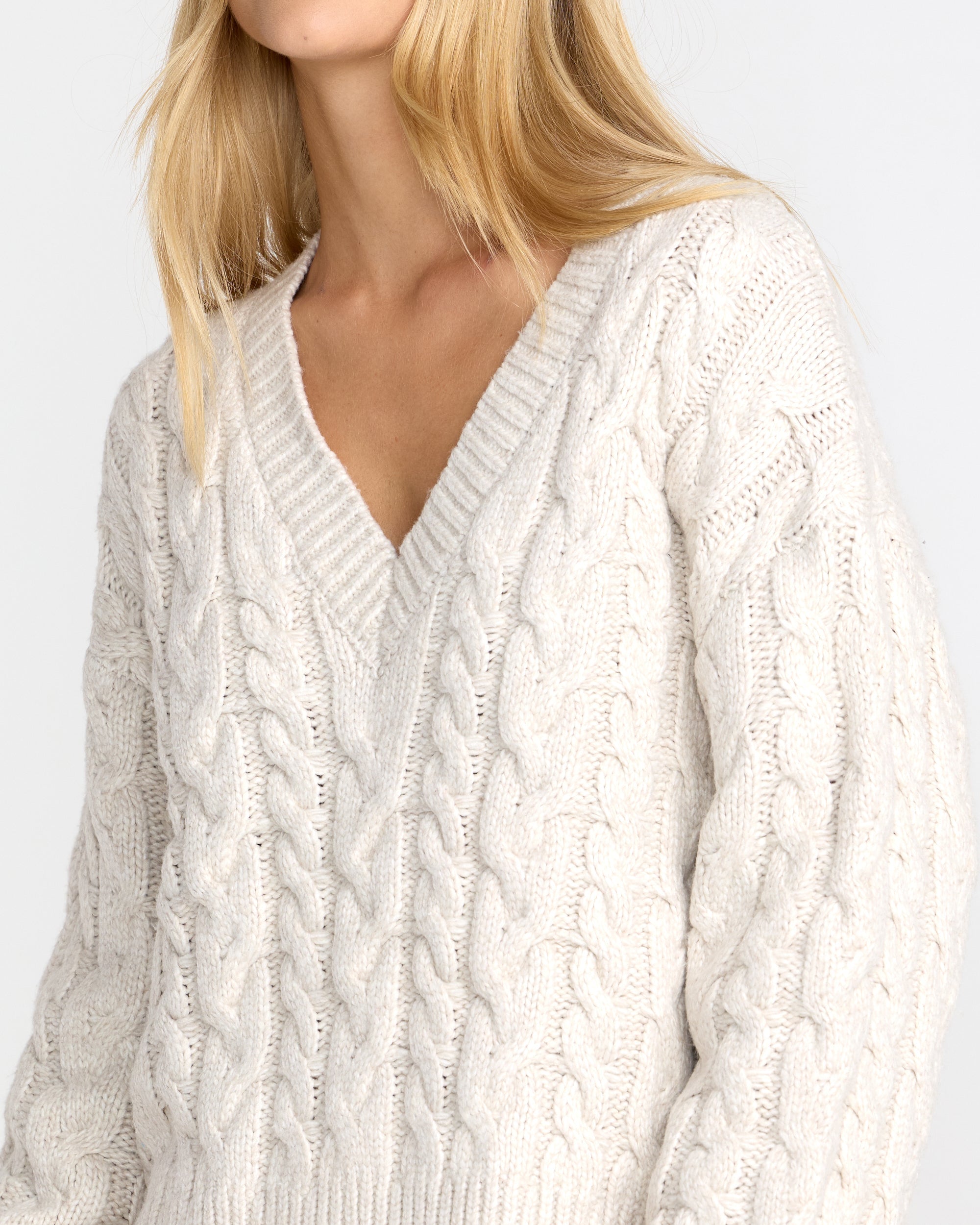 Cable V Neck Sweater - Star White