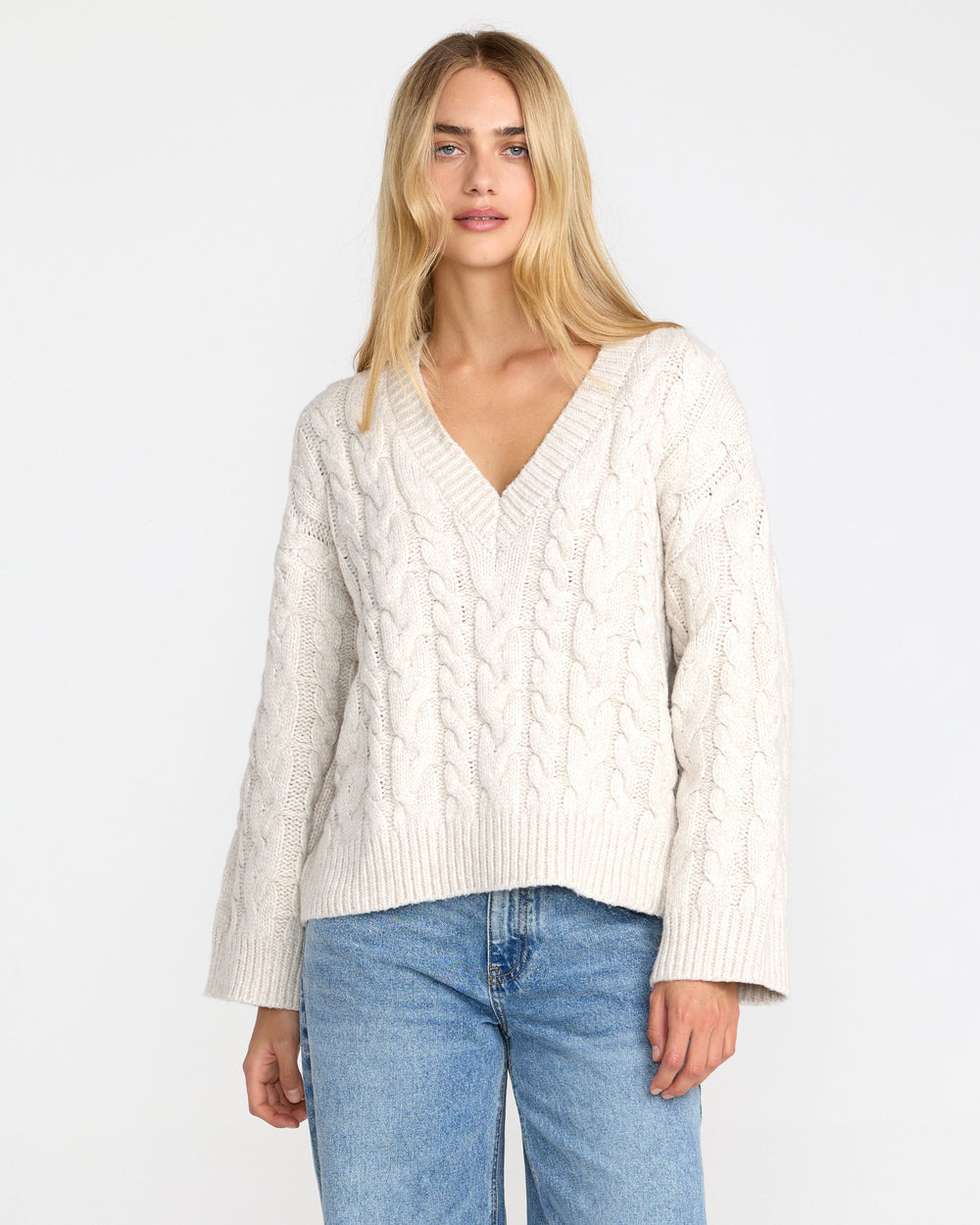 Cable V Neck Sweater - Star White