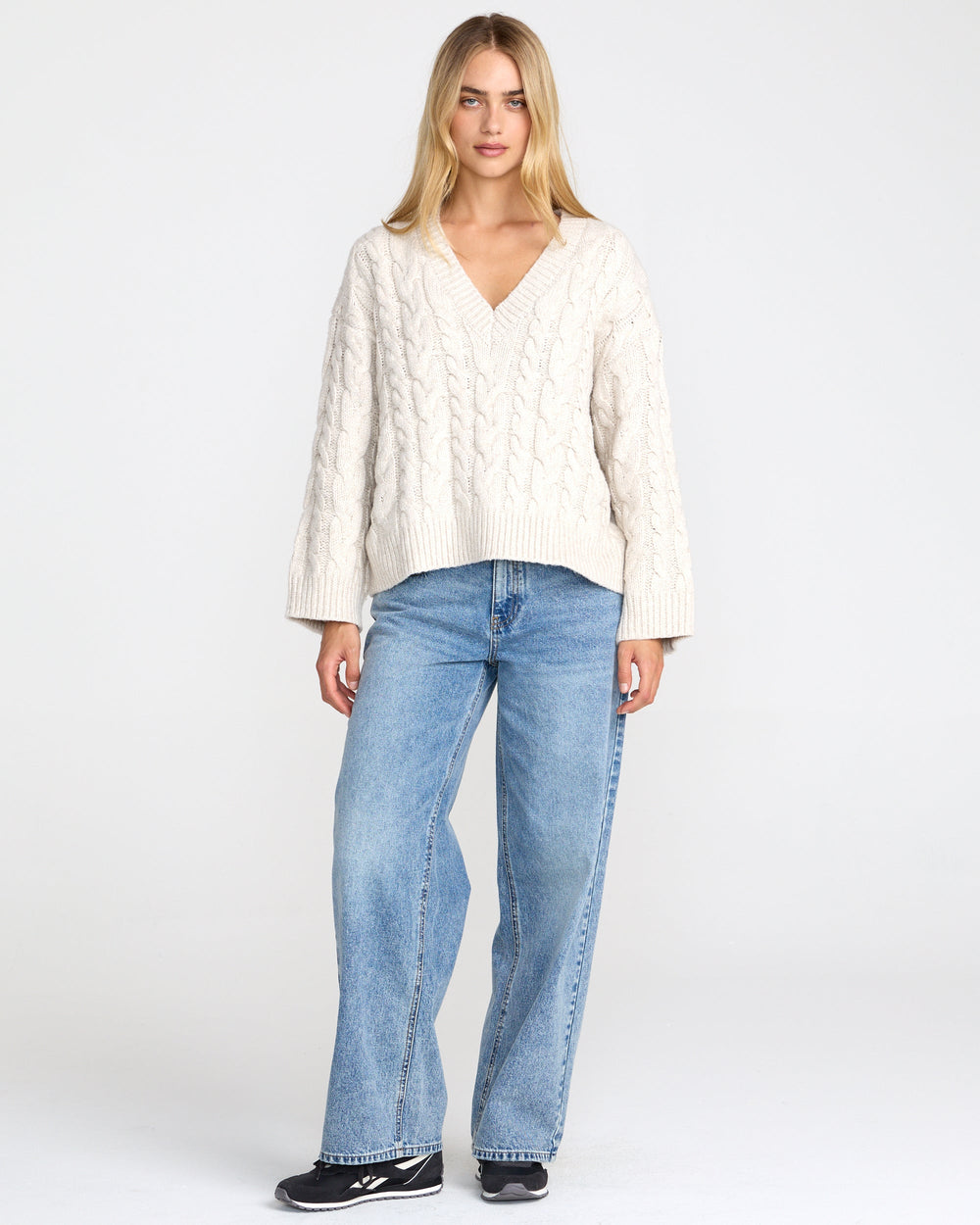 Cable V Neck Sweater - Star White