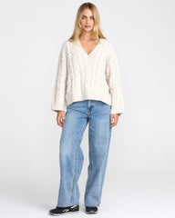 Cable V Neck Sweater - Star White