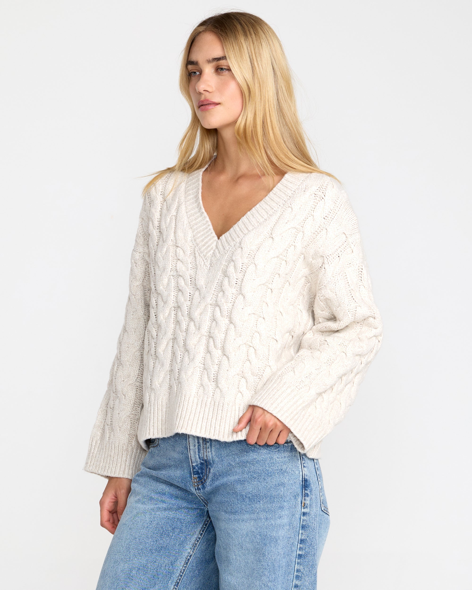 Cable V Neck Sweater - Star White