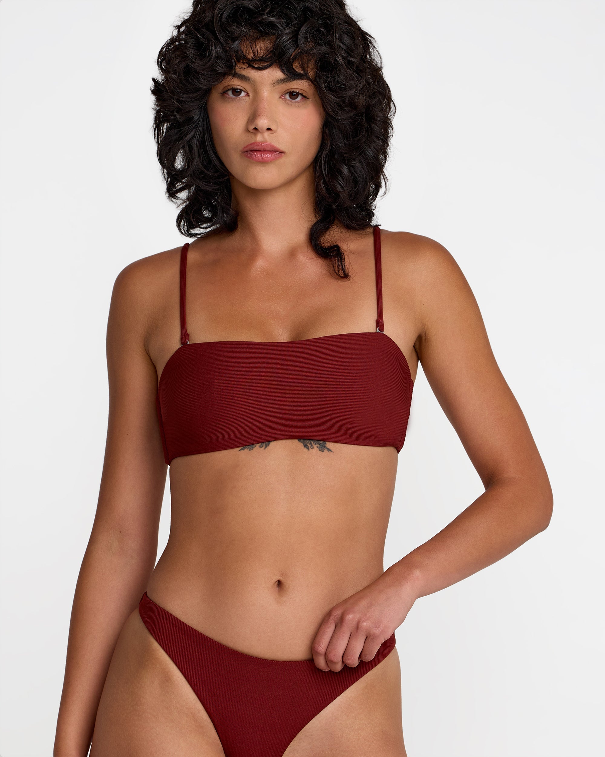 Micro Rib Tube Bandeau Bikini Top - Madder Brown
