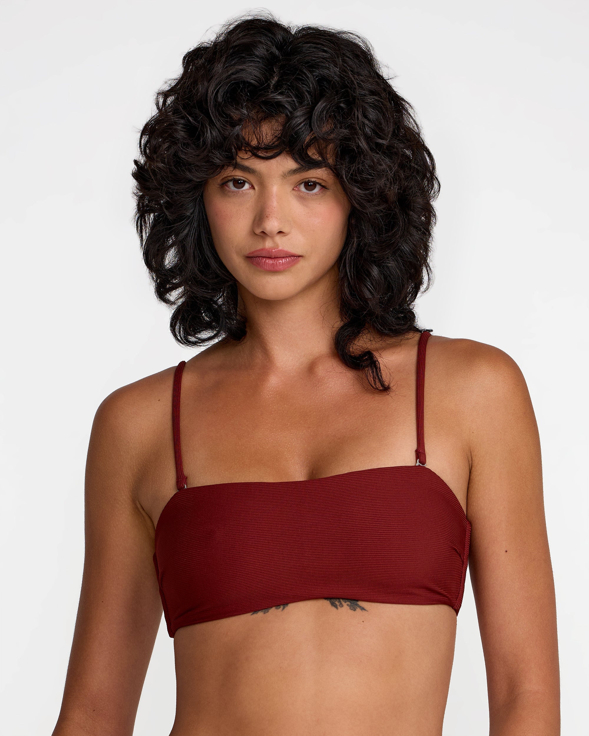 Micro Rib Tube Bandeau Bikini Top - Madder Brown