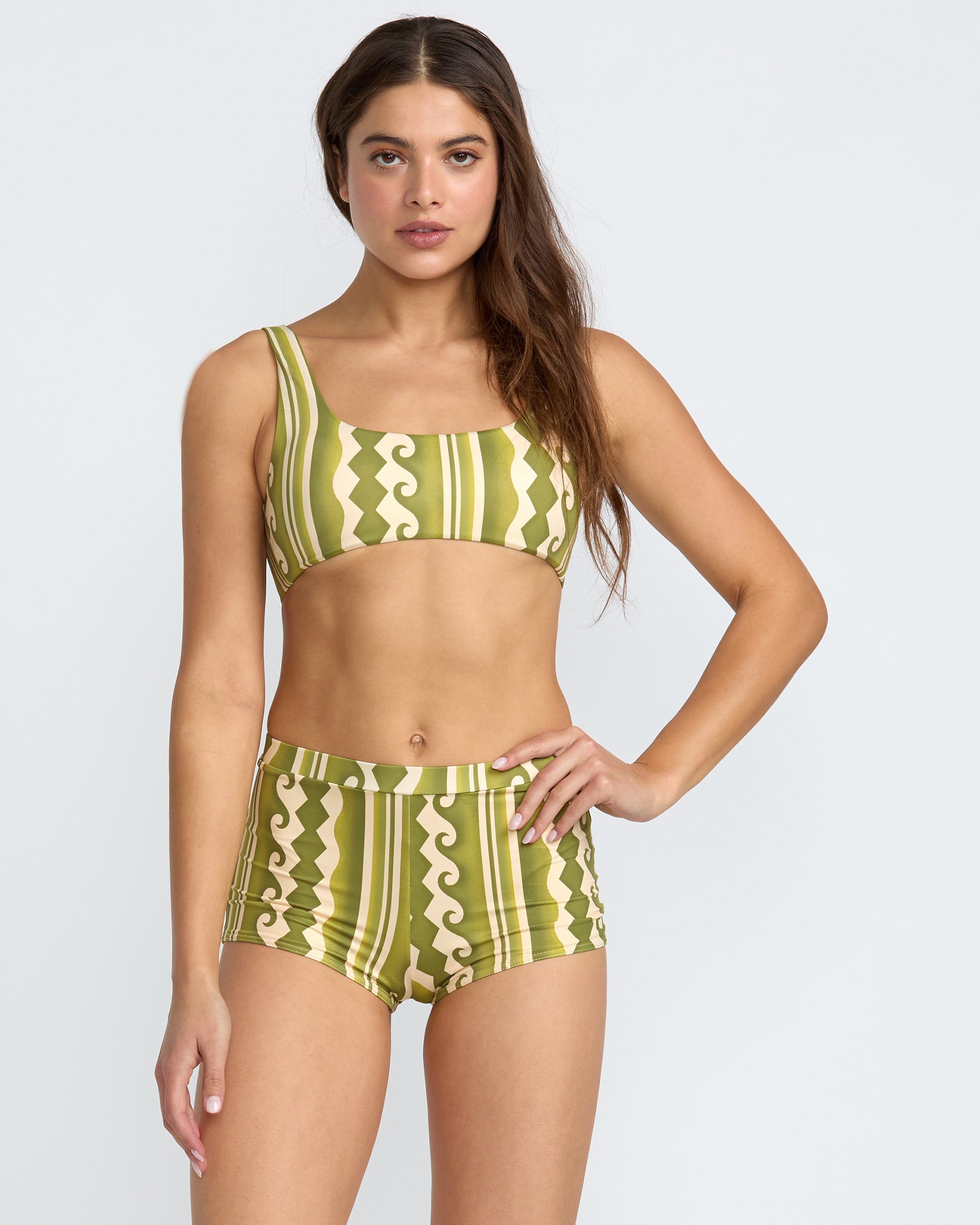 Beach Wave Lace Back Bralette Bikini Top - Martini Olive Print
