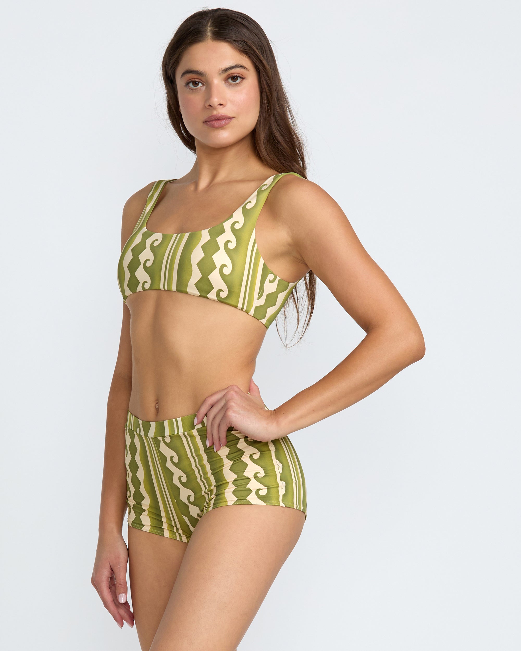 Beach Wave Lace Back Bralette Bikini Top - Martini Olive Print
